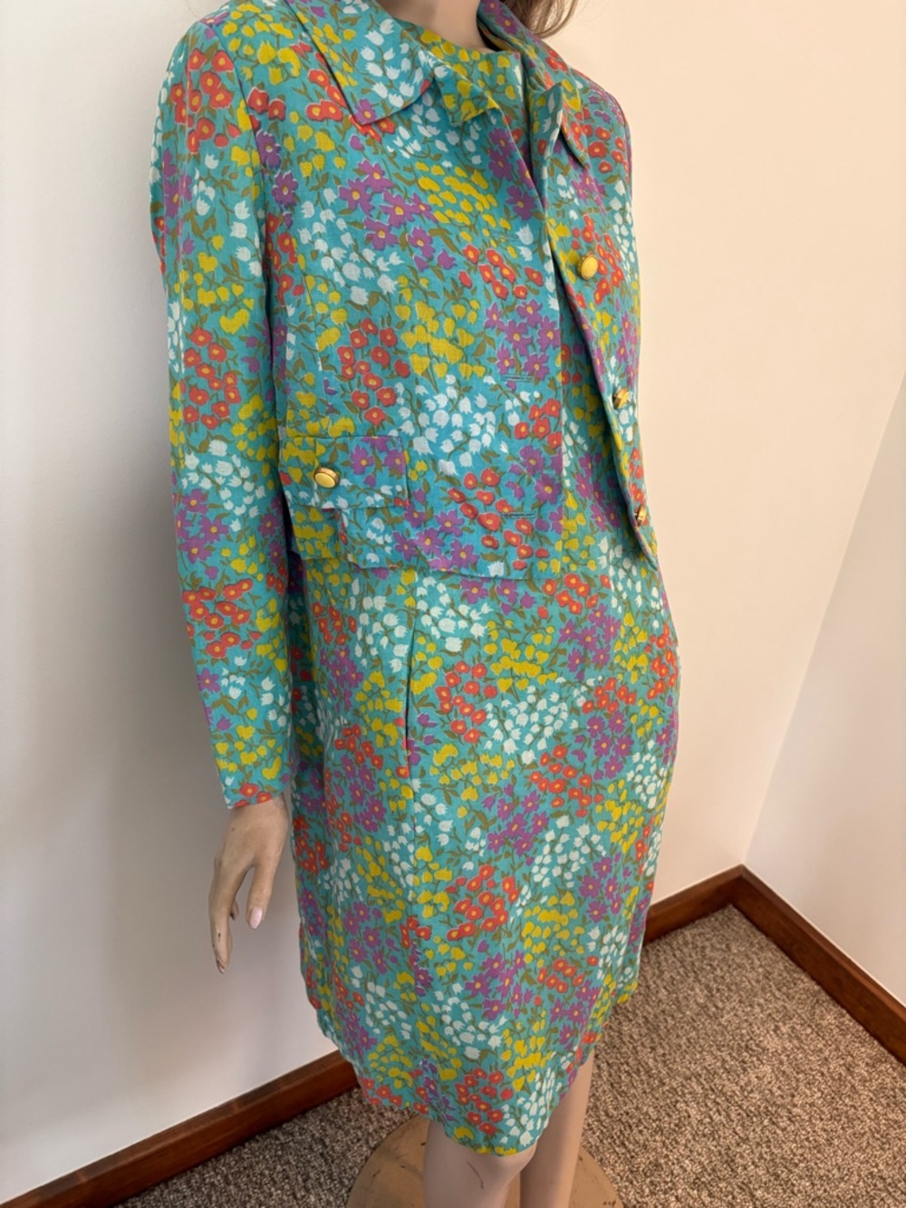 Vintage Teal Floral Midi Dress with Cropped Jacket - Picture 7 of 15